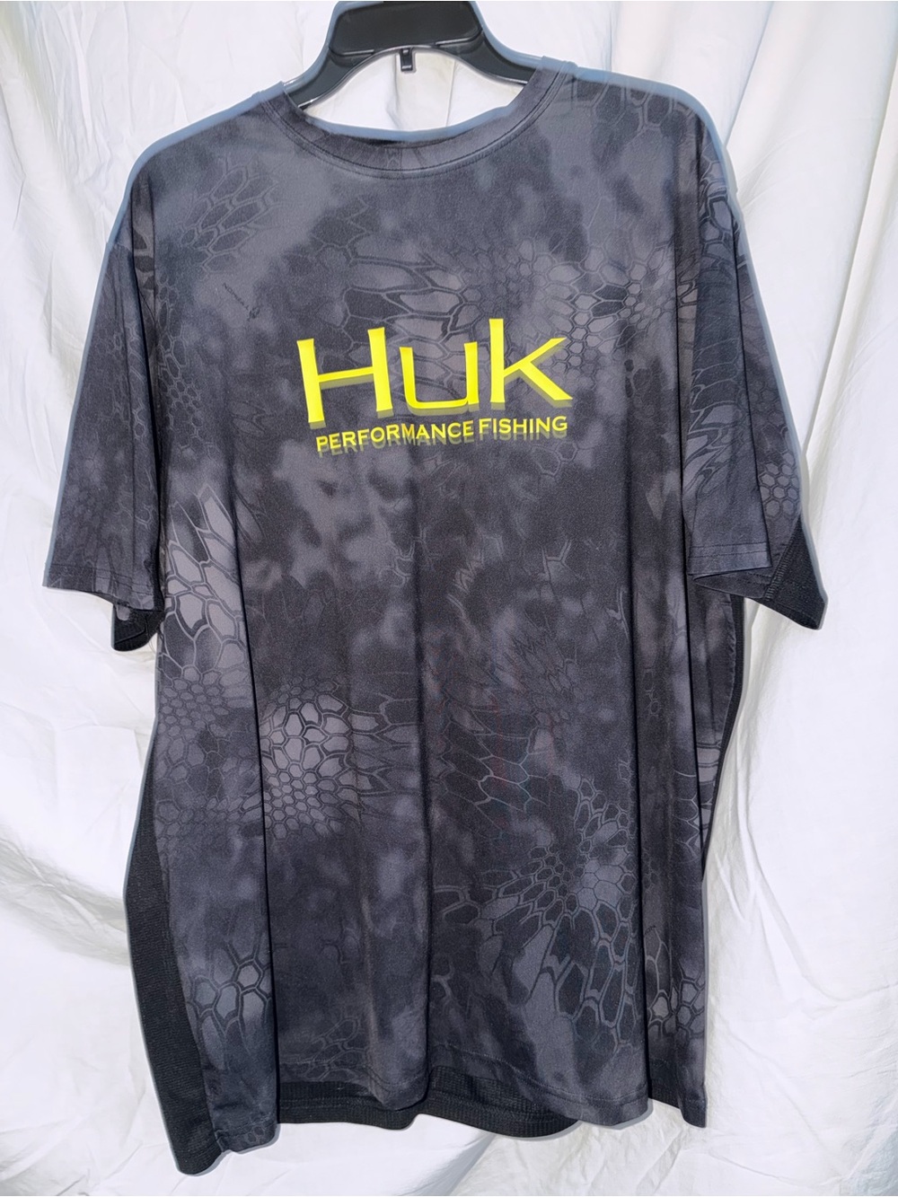 Huk Black Camo Short-Sleeve Performance Fishing Tee with Yellow Logo